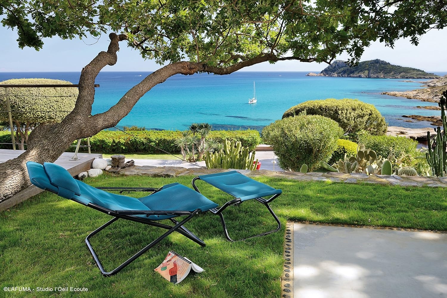 Lafuma Transabed XL Plus Air Comfort – Black Steel Frame – Bordeaux Air Comfort Fabric – Folding Sling Chair – Premium Outdoor Folding Lounge Chairs(Coral Blue)