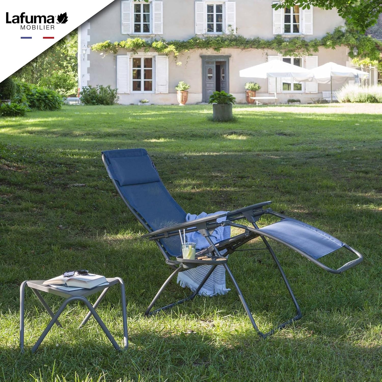 Lafuma Futura XL Zero Gravity Outdoor Steel Framed Lawn Recliner Chair with Armrest, Extra Wide Recliner, and Adjustable Neck Pillow, Seigle(Blue (Ocean))