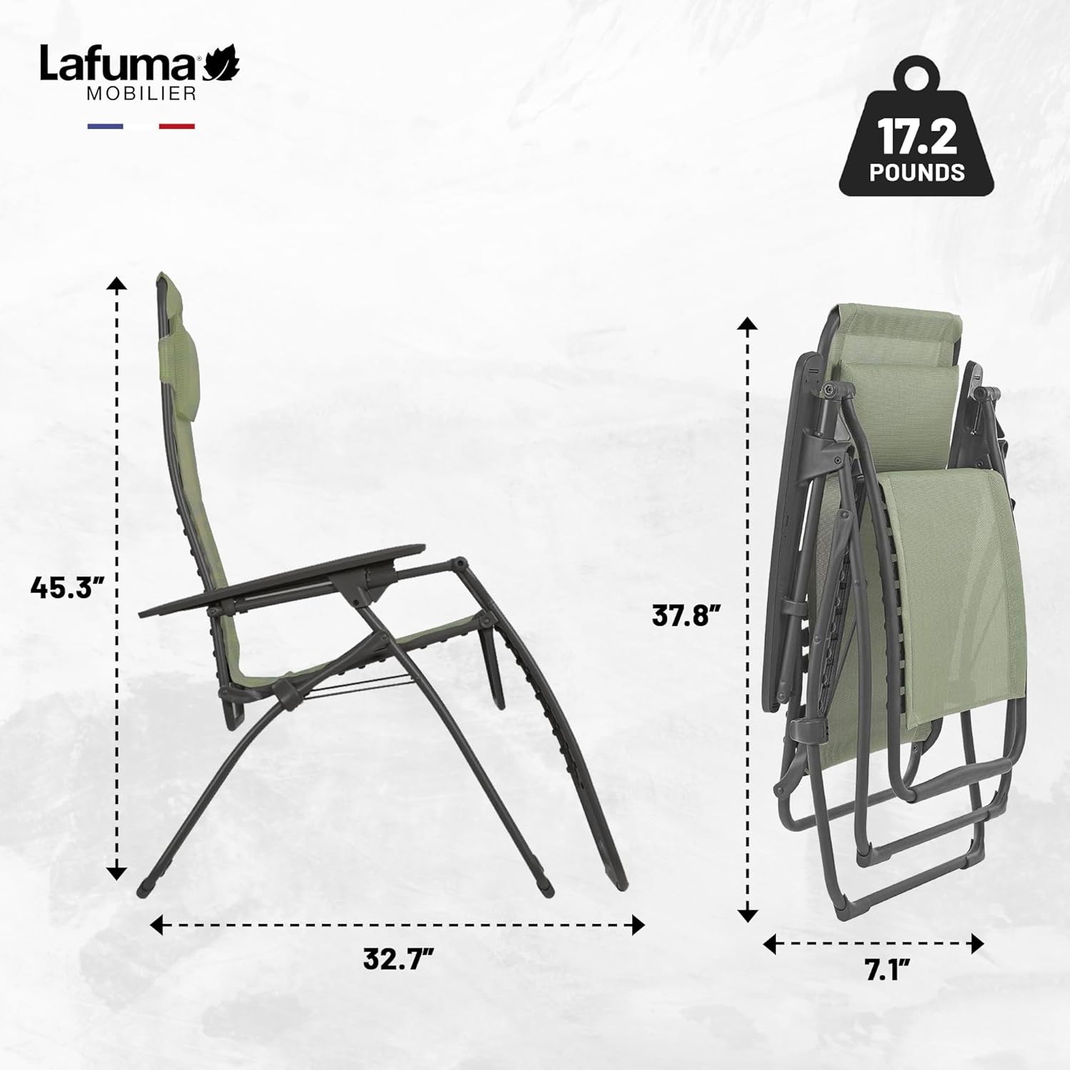 Lafuma Futura XL Zero Gravity Outdoor Steel Framed Lawn Recliner Chair with Armrest, Extra Wide Recliner, and Adjustable Neck Pillow, Seigle(Green (Moss))