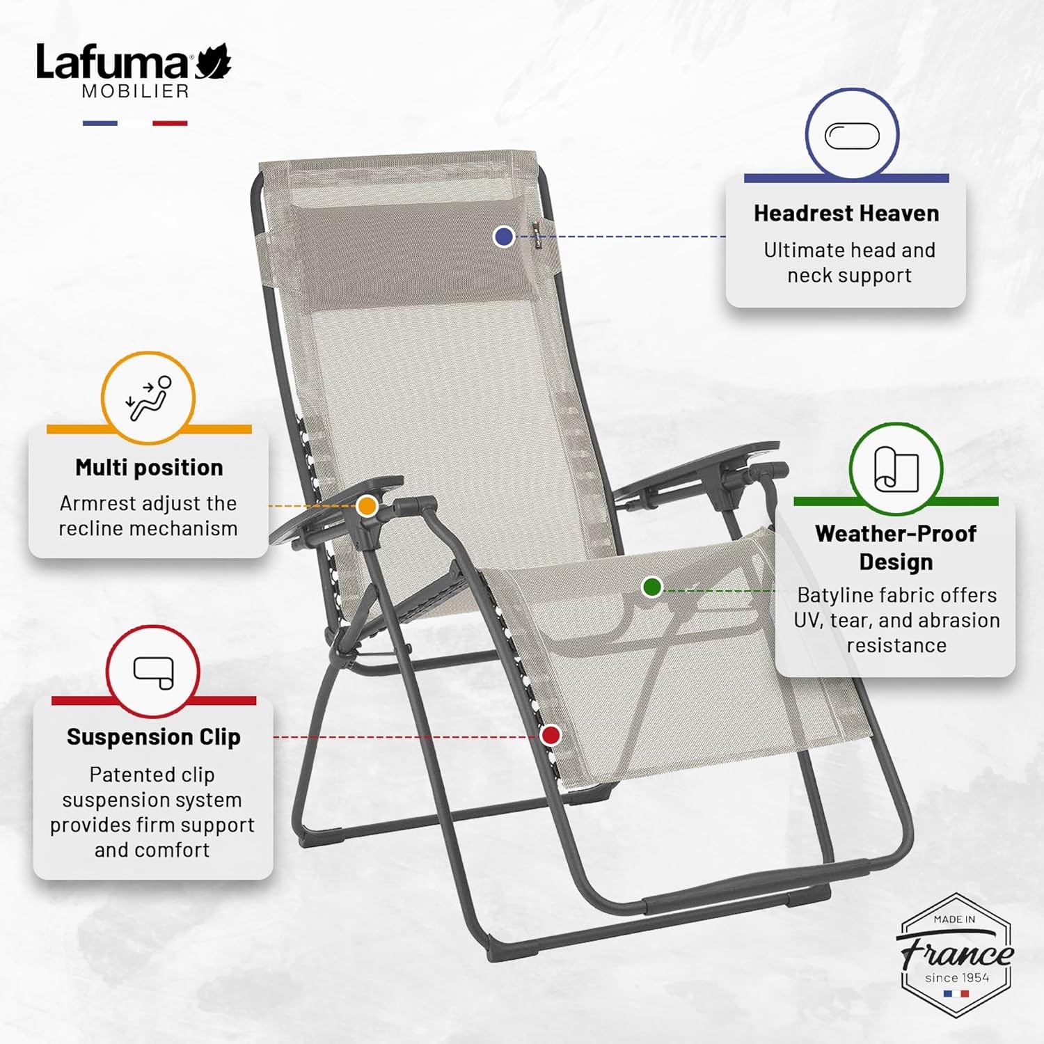 Lafuma Futura XL Zero Gravity Outdoor Steel Framed Lawn Recliner Chair with Armrest, Extra Wide Recliner, and Adjustable Neck Pillow, Seigle(Grey (Seigle))